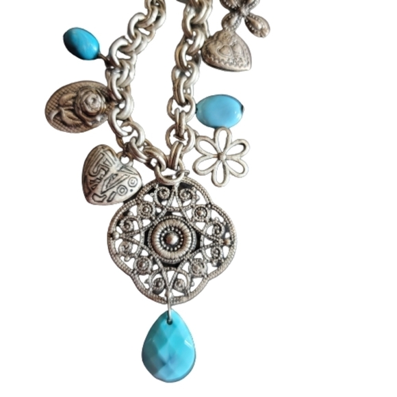 Eclectic necklace hearts cross flower silver tone turquoise hippie boho … - Picture 3 of 11